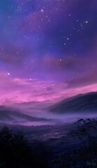 Fototapeta premium A beautiful fantasy landscape with a purple and blue sky, a foggy valley below, and stars in the night sky, phone wallpaper