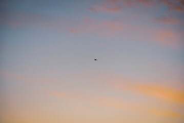 夕焼け空を飛ぶヘリコプター
