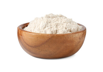 Brown rice flour in bowl isolated on white