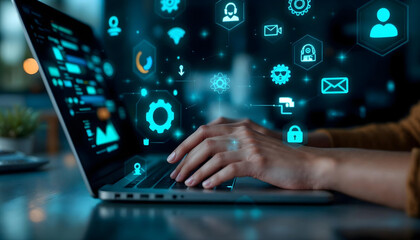 intricate digital network,laptop computer,hands typing,hacker,cybersecurity,data encryption