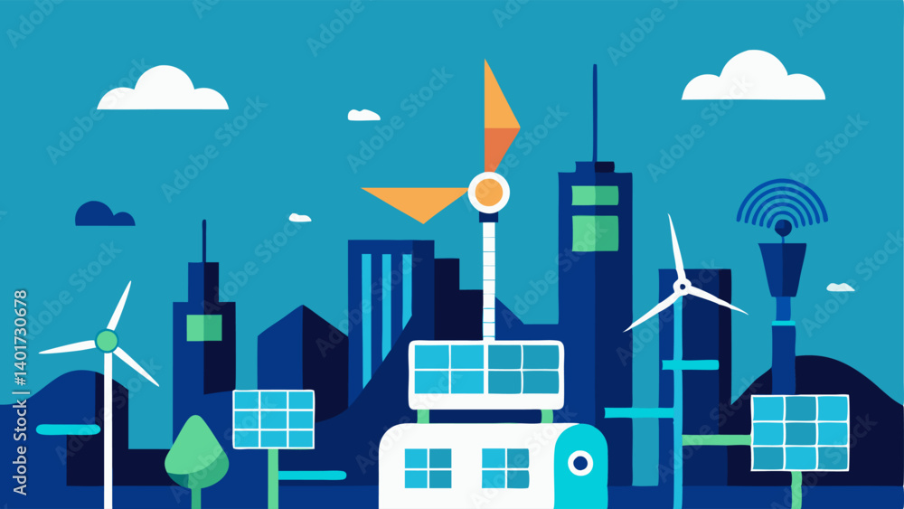 Poster future vision of energy a futuristic cityscape with advanced wind turbines and solar fields linked t