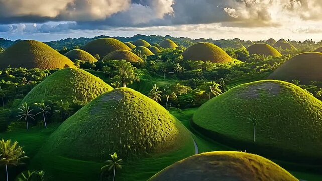 Bohol Chocolate Hills Landscape with Lush Greenery and Rolling Mounds Under Dramatic Sky

