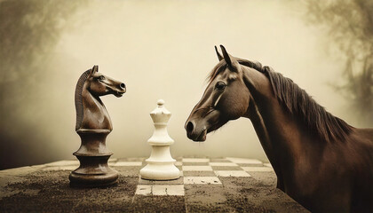 A majestic real horse standing at the head of a chessboard, symbolizing strategy and power. Ideal for conceptual, artistic, and strategic imagery in both digital and print media.