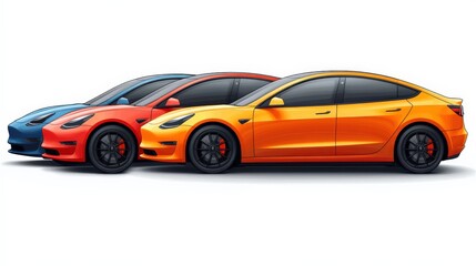 Fototapeta premium Three sleek electric cars in vibrant blue, red, and orange parked side by side on a clean street