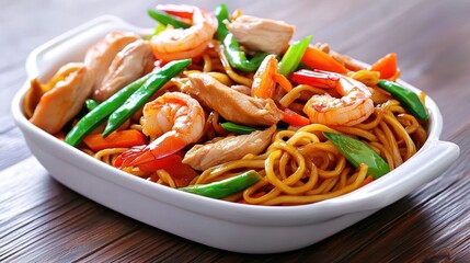 A colorful array of Chinese stir-fried noodles with vegetables, chicken, and shrimp, served in a traditional white porcelain dish.