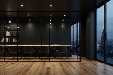 Stylish office interior with matte black wall perfect for logo presentation
