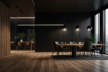 Fototapeta premium Modern minimalist office with black wall setup for branding and visual mockup