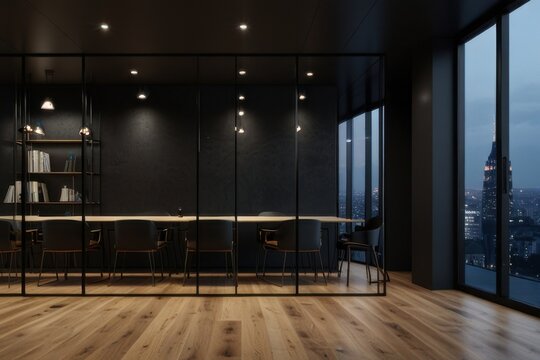 Stylish office interior with matte black wall perfect for logo presentation
