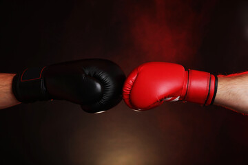 Men in boxing gloves fighting on dark background with smoke, closeup