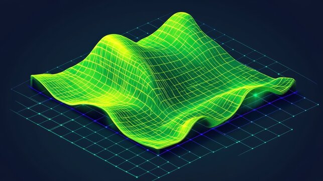 Abstract 3D surface plot with vibrant green waves and grid background representing data visualization