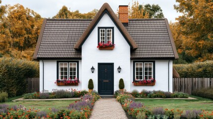 A cobblestone cottage nestled in the heart of an English countryside village, with a thatched roof and charming flower boxes adorning its windows.