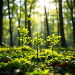 Obraz premium Three young trees growing in vibrant forest with morning sunlight