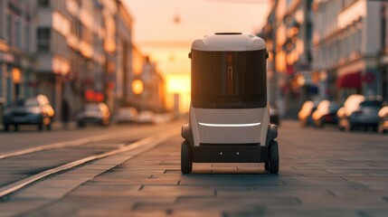 A photorealistic image of a delivery robot navigating a bustling city street, delivering packages autonomously and safely. 