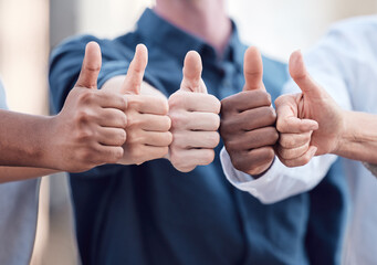 Office, meeting and business people with thumbs up for agreement, team building or support in...
