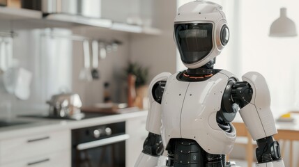 A photorealistic image of a household robot assisting with daily chores, such as vacuuming, dusting, and preparing meals, enhancing home life. 