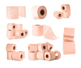 Peach color toilet paper rolls isolated on white, set