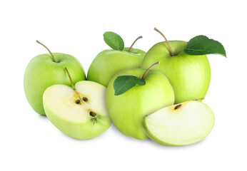 Fresh juicy green apples isolated on white. Whole and sliced