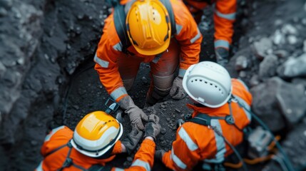 A rescue team uses specialized equipment to extract a trapped worker from a collapsed trench.