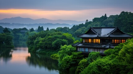 Fototapeta premium A serene Japanese cityscape nestled amidst lush greenery and tranquil waterways, exuding an aura of tranquility and harmony.