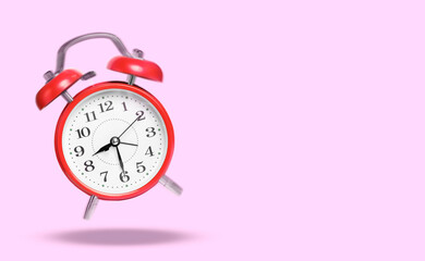 Red alarm clock ringing and jumping on light violet background. Banner design with space for text