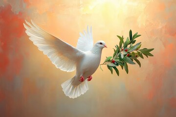 White Dove Olive Branch Pastel Sunset Flight Peaceful Freedom Faith Love Hope Nature