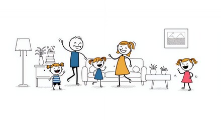 Naklejka premium Happy Stick Figure Family Dance Party in White Living Room