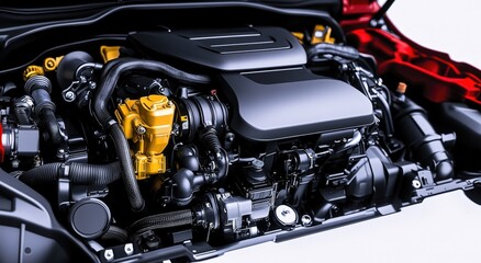 Detailed Engine Closeup Featuring Black and Yellow Components