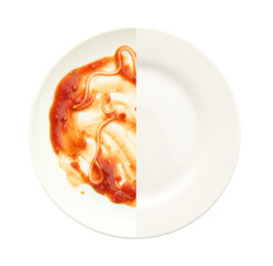 Dirty plate isolated on white, top view. Washing dish process