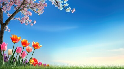 Fototapeta premium A scenic spring landscape with bright tulips, colorful blossoms, and clear blue skies, symbolizing the renewal and beauty of the season.