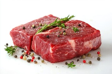 Raw Beef Still Life with Herbs and Pepper on White Background