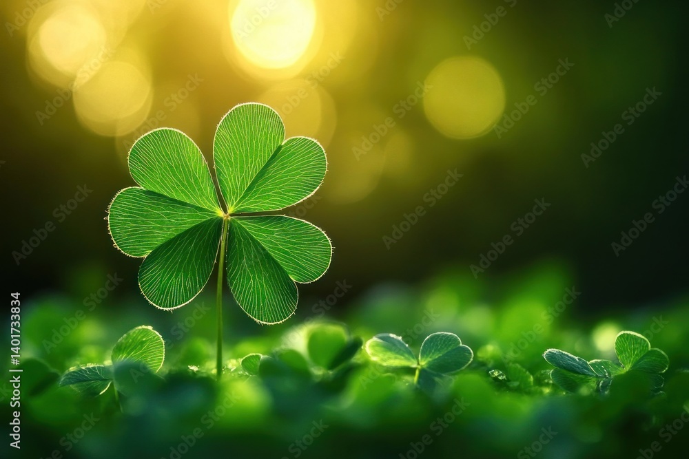 Poster close-up clover leaf with sunlight and bokeh background