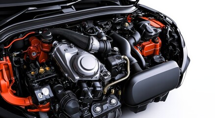 Detailed Car Engine View in Black and Orange Colors