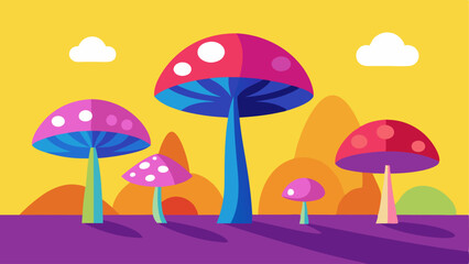 Obraz premium Mushrooms and Sunlight A of stylized mushrooms in vibrant colors set against a bright background. The sunlight casts shadow patterns on the ground creating an interplay between