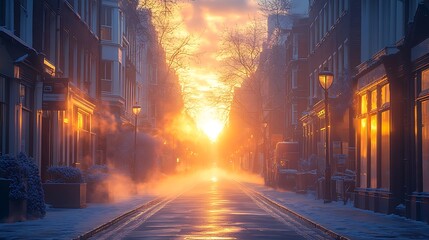 Misty Winter Street at Sunrise with Warm Golden Light and Historic Architecture