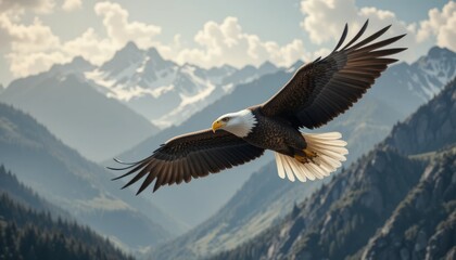 Majestic Bald Eagle Soaring Over Snowy Mountains