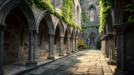 Fototapeta premium A Gothic cloister with pointed arches, detailed stone carvings, and ivy growing on the walls, reflecting the rich history and eerie beauty of medieval religious architecture.
