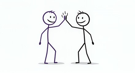 Purple And Black Stick Figures High Five On White Background