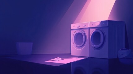 A serene laundry room at dusk with washing machines, soft purple lighting, and a basket