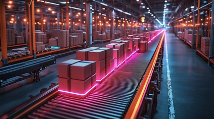 Automated Futuristic Warehouse with Neon Conveyor Belts and Cardboard Boxes