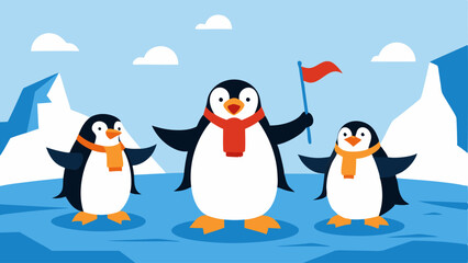 Naklejka premium Penguin Fashion Show A group of penguins struts down a makeshift runway on an ice floe each showcasing unique colorful outfits made from seaweed shells and fish. One confident
