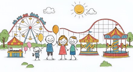Stick Figure Family Amusement Park Fun: Colorful Sketch Illustration