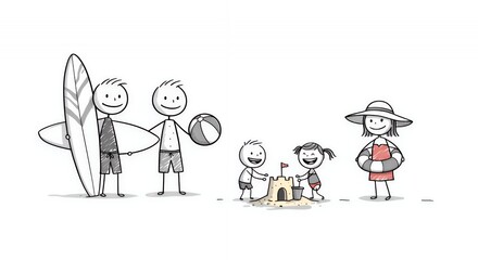Stick Figure Family Beach Day Sketch Illustration