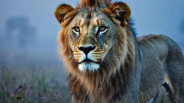 Majestic male lion portrait, regal carnivore in grassy field at dawn, golden eyes, detailed fur texture and powerful predator animal