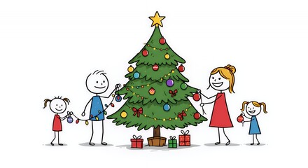 Stick Figure Family Decorating Christmas Tree on White Background