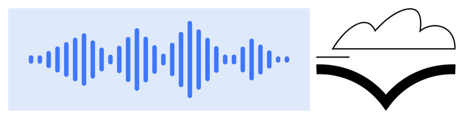 Blue sound waveform representing audio signals next to a cloud and book icon. Ideal for technology, education, sound design, data storage, digital learning, media, creativity. Flat simple metaphor