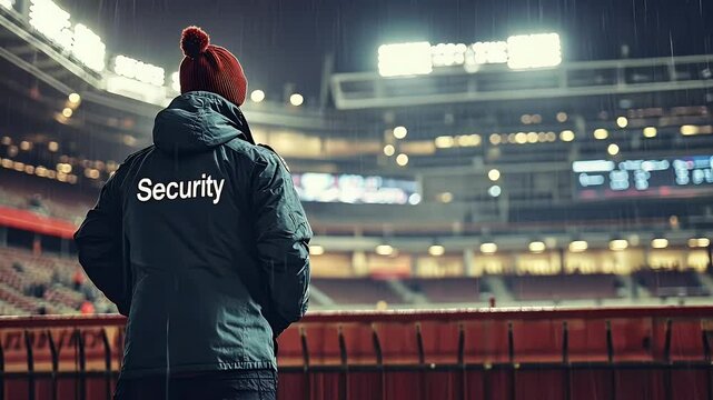 Security Guard Wearing Green Jacket and Red Beanie Standing at Stadium Entrance During Rain at Night