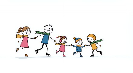 Naklejka premium Stick Figure Family Ice Skating on White Background