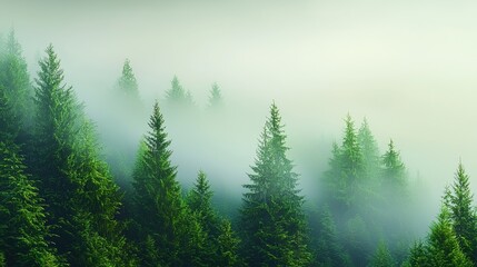 Fototapeta premium A misty morning scene as fog rolls over a dense forest, creating a mysterious yet peaceful natural wallpaper with soft green tones.