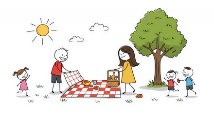 Fototapeta premium Stick Figure Family Picnic: Happy Park Scene Illustration