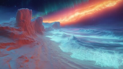 A surreal Metaverse beach with crystalline sand and digital waves crashing into fractal foam under a neon aurora